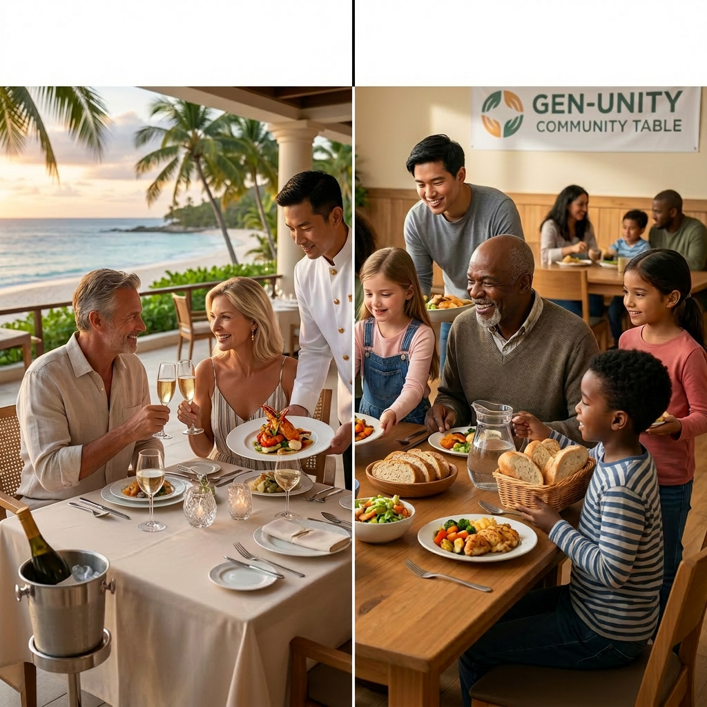 Two seniors walking barefoot on a beach smiling; two seniors volunteering at a community food bank sorting vegetables
